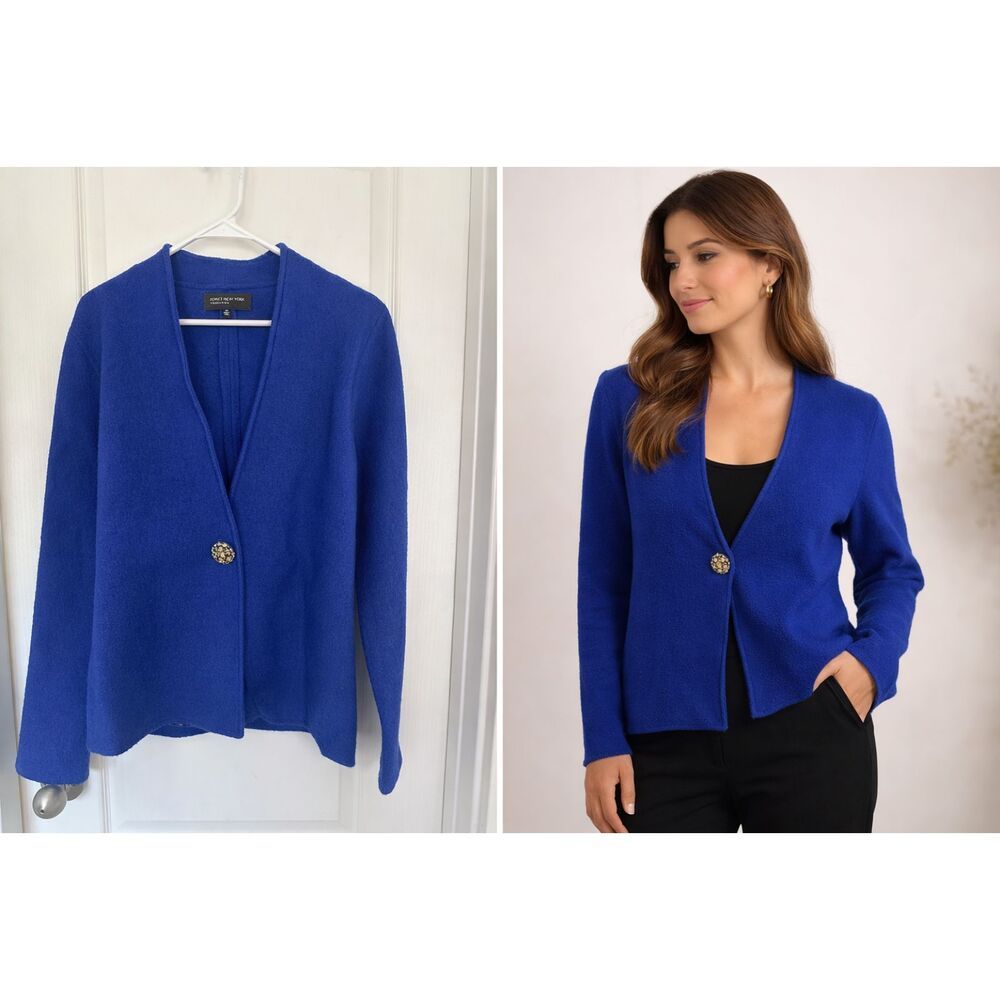 Jones New York Collection Blue 100% Merino Wool Jeweled Button Cardigan M